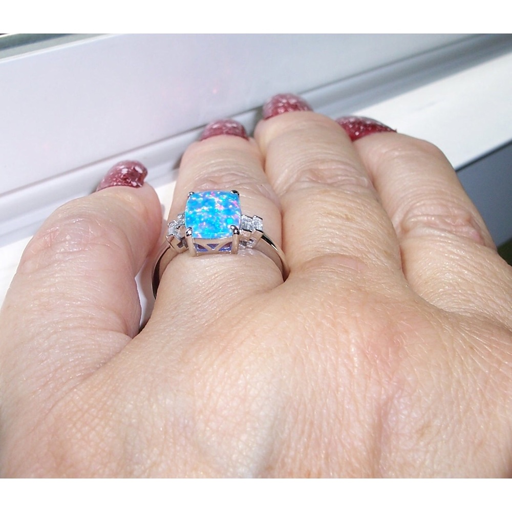 925 STERLING SILVER Lab Created Blue Lavender Fire Opal & CZ Ring - Picture 4 of 13
